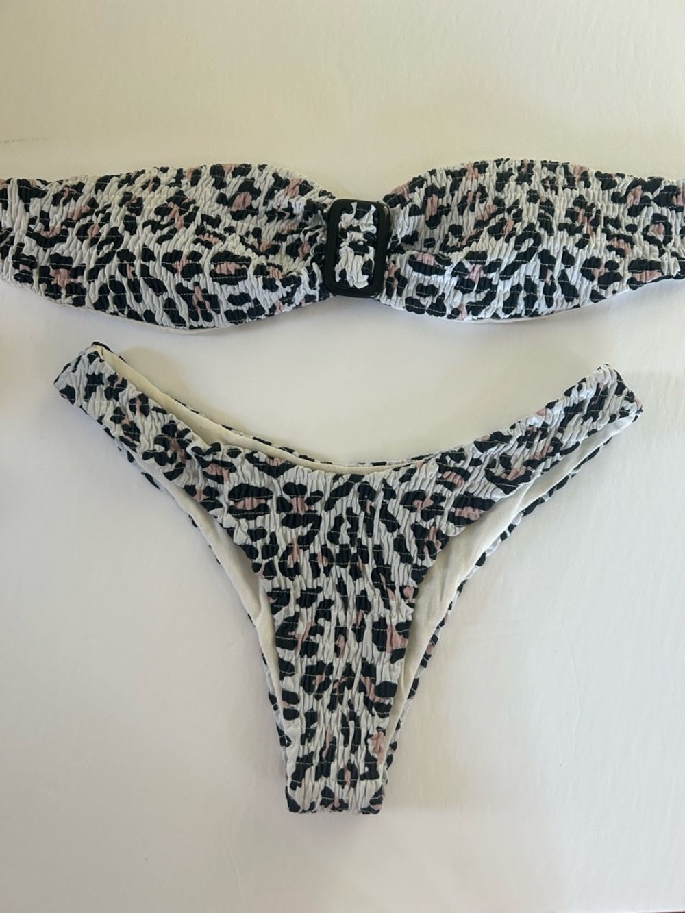 Smocked Leopard Print Bikini Set - Black & Blush